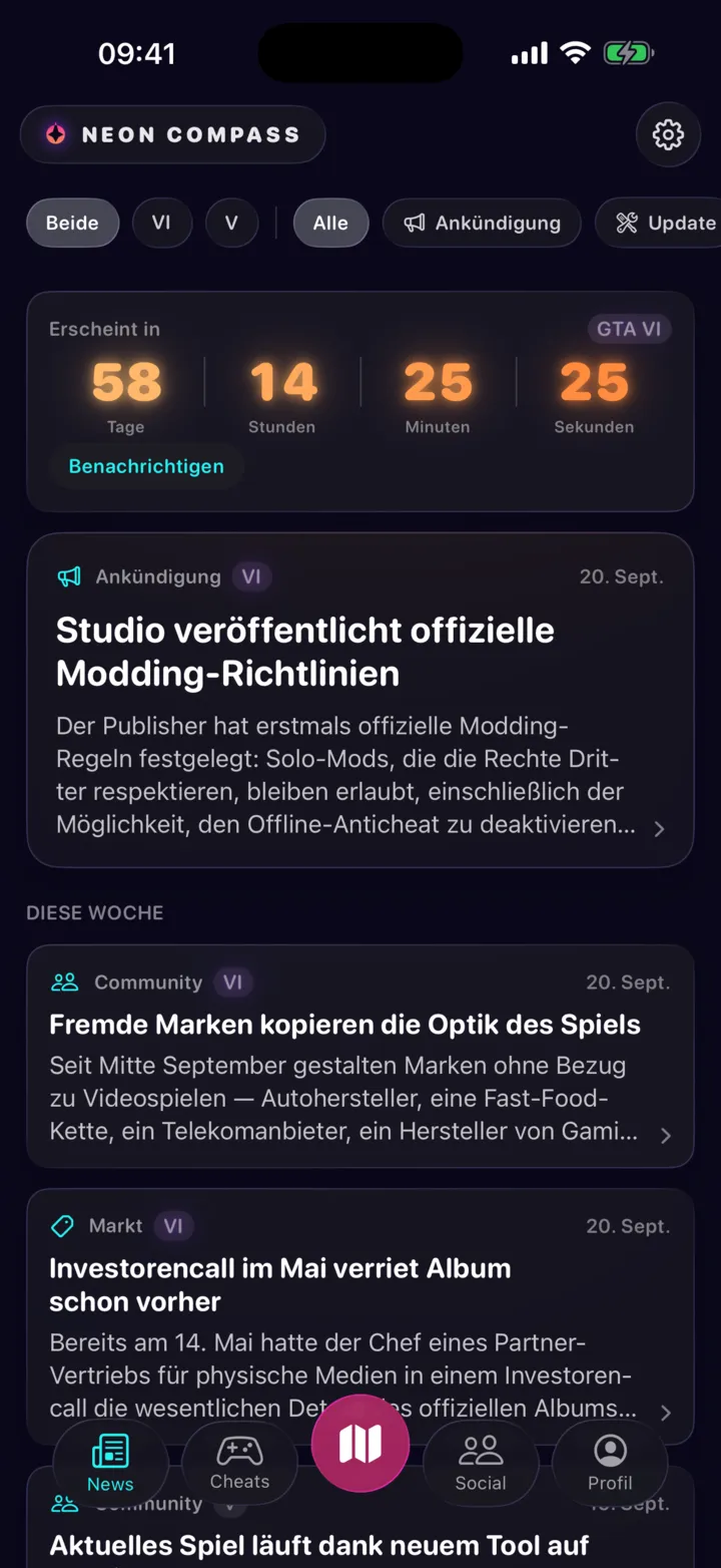Der Nachrichtenbildschirm: der Countdown bis zum Erscheinen, darunter datierte Meldungen, jede mit ihrer Kategorie und einer kurzen Zusammenfassung.