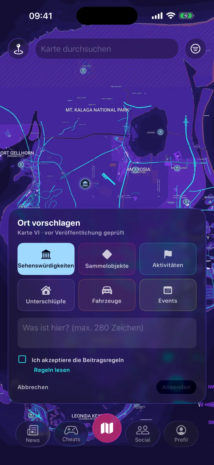 Das Feld „Ort vorschlagen“ über der Karte geöffnet: sechs Kategorien zur Auswahl, ein Beschreibungsfeld und das Kästchen für die Beitragsregeln.