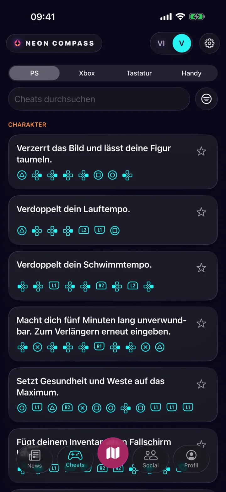 Die Cheat-Liste im PlayStation-Modus: jeder Effekt in einem Satz beschrieben, gefolgt von seiner Tastenfolge auf dem Controller.
