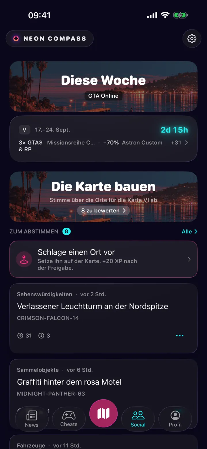 Der Tab Social: die Karte mit den Online-Boni der Woche, der Aufruf, über vorgeschlagene Orte abzustimmen, dann die neuesten Vorschläge der Community.