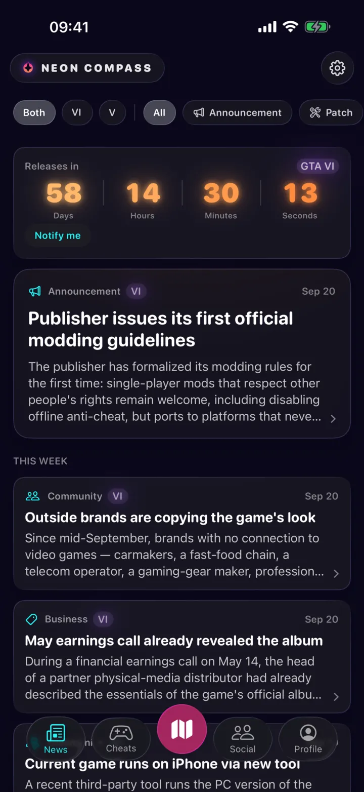 The news screen: the countdown to launch, then dated announcements, each with its category and a short summary.