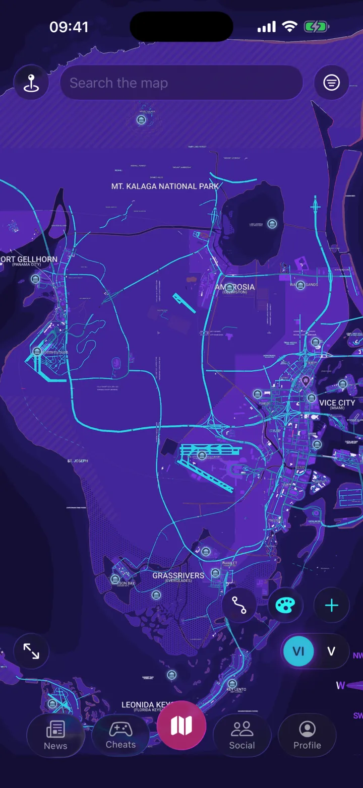 The Neon Compass map on iPhone: a violet island threaded with cyan roads, dotted with location pins, under a search bar.