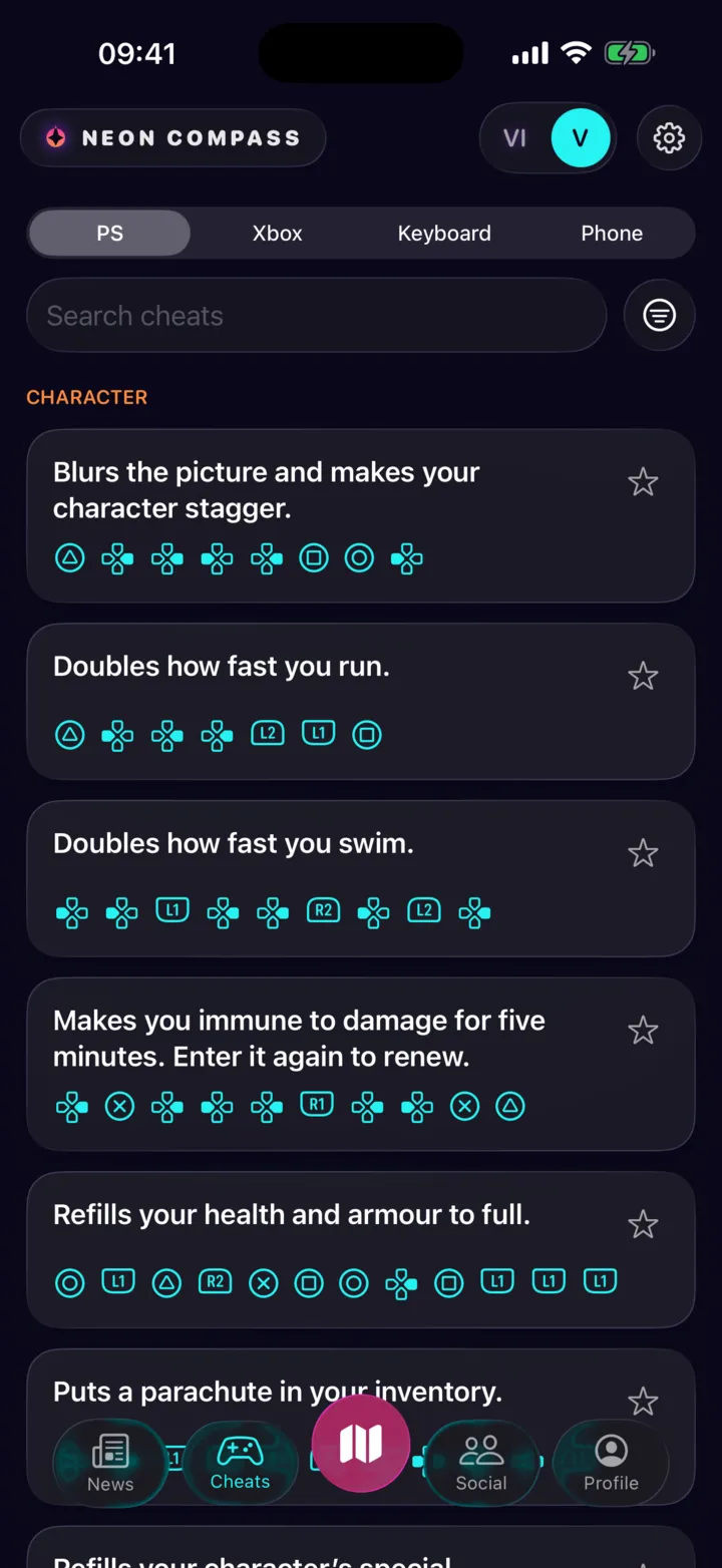The cheat list in PlayStation mode: each effect described in one sentence, followed by its sequence of controller buttons.