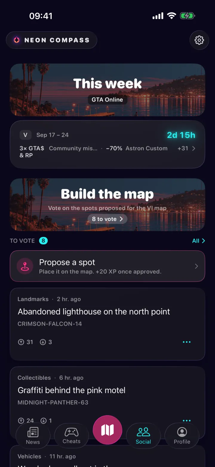 The Social tab: this week's online bonuses card, the call to vote on proposed spots, then the community's latest proposals.