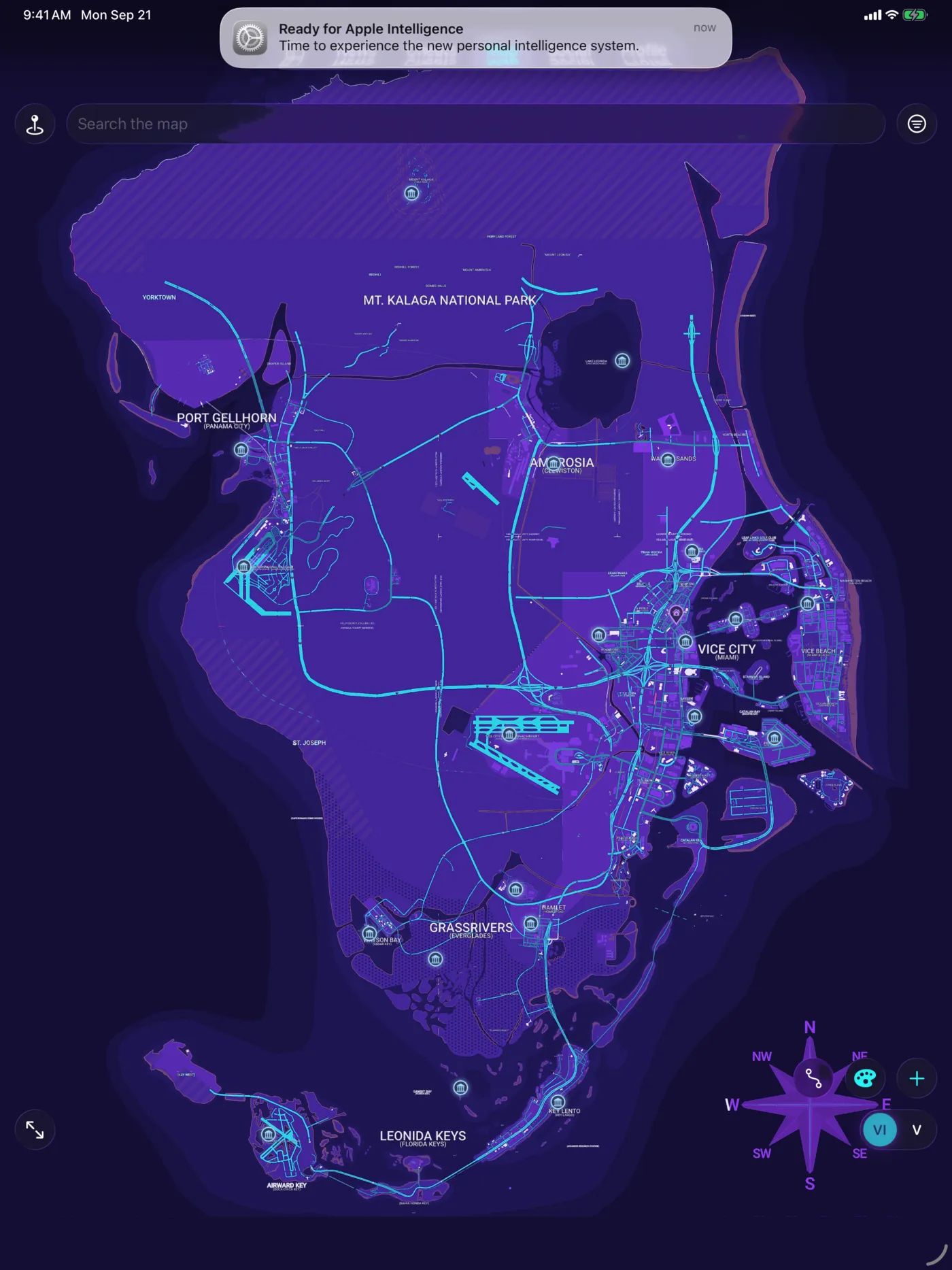 The map on iPad: the whole island in violet and cyan, with its location pins, fills the tablet screen.