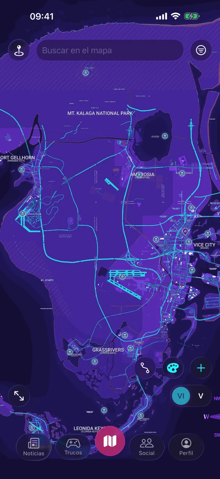 El mapa de Neon Compass en iPhone: una isla violeta recorrida por carreteras cian y salpicada de marcadores, bajo una barra de búsqueda.