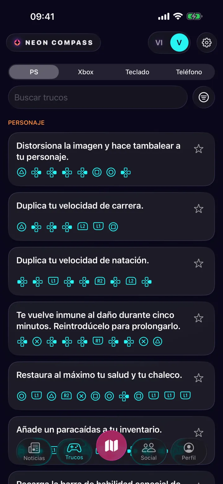 La lista de trucos en modo PlayStation: cada efecto descrito en una frase, seguido de su secuencia de botones del mando.