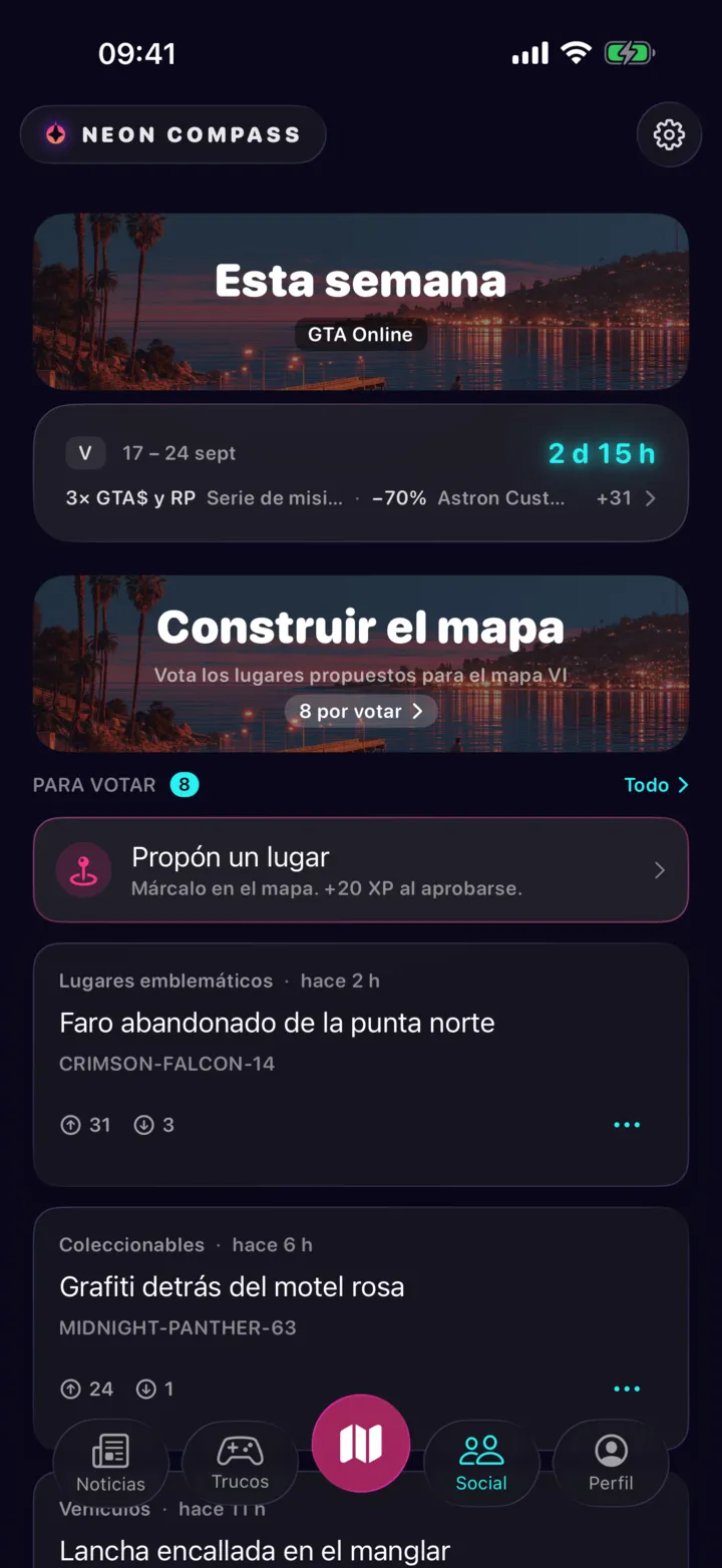 La pestaña Social: la tarjeta de los bonus online de la semana, la invitación a votar los lugares propuestos y las últimas propuestas de la comunidad.