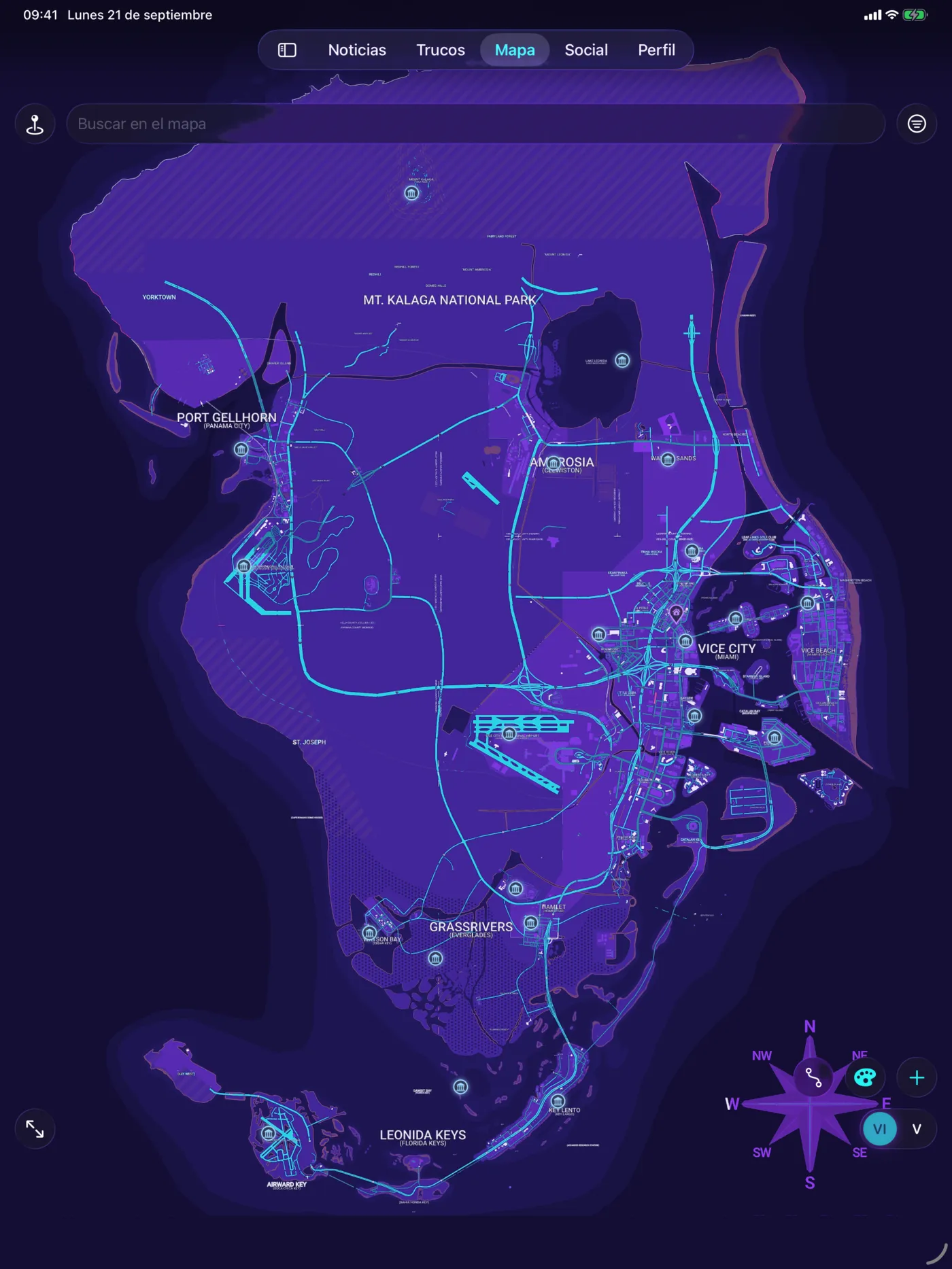 El mapa en iPad: la isla entera en violeta y cian, con sus marcadores, ocupa toda la pantalla de la tableta.