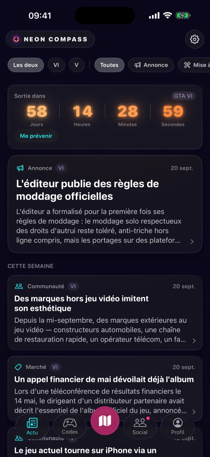 L'écran d'actualité : le compte à rebours jusqu'à la sortie, puis des annonces datées, chacune avec sa catégorie et un court résumé.