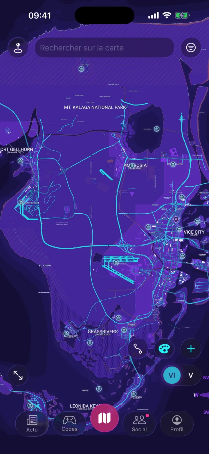 La carte de Neon Compass sur iPhone : une île violette parcourue de routes cyan, semée d'épingles de lieux, sous une barre de recherche.