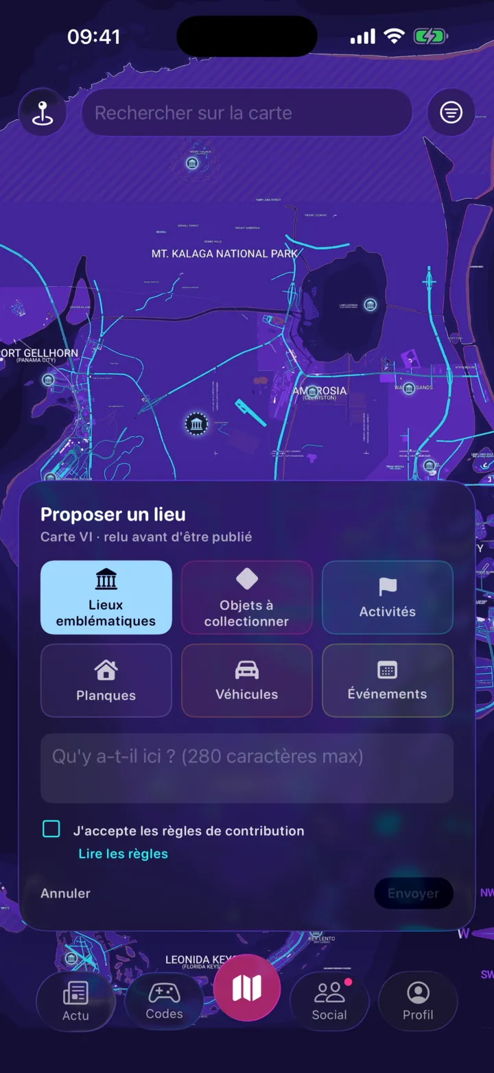 Le panneau « Proposer un lieu » ouvert sur la carte : six catégories au choix, un champ de description et la case des règles de contribution.