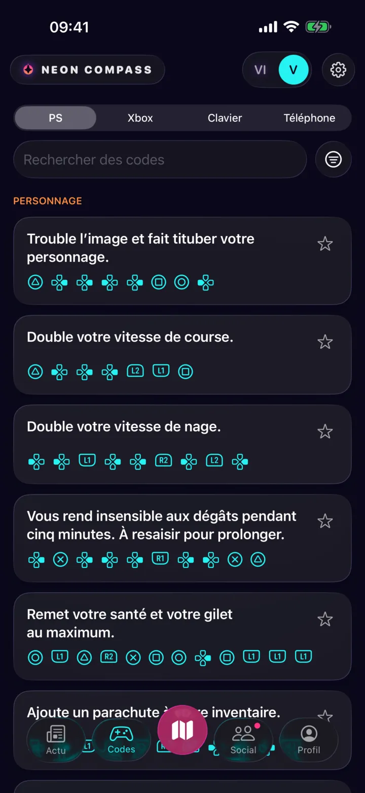 La liste des codes en mode PlayStation : chaque effet décrit en une phrase, suivi de sa séquence de touches de manette.