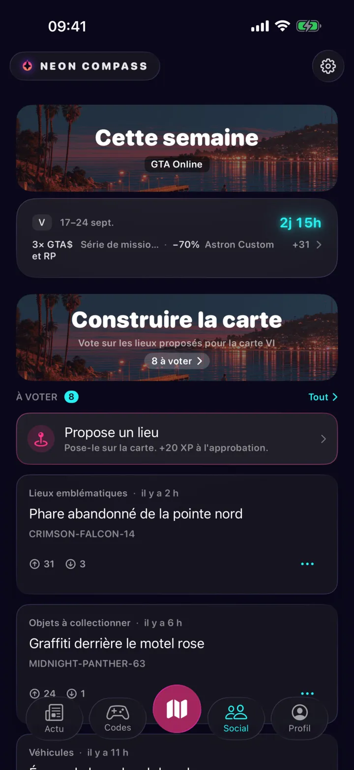 L'onglet Social : la carte des bonus en ligne de la semaine, l'appel à voter sur les lieux proposés, puis les dernières propositions de la communauté.