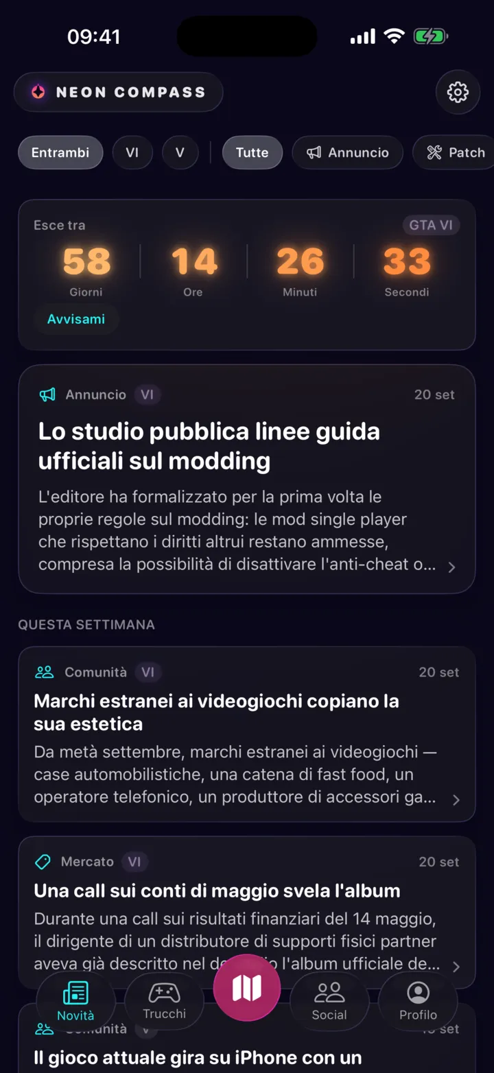 La schermata delle notizie: il conto alla rovescia fino all'uscita, poi annunci datati, ciascuno con la sua categoria e un breve riassunto.