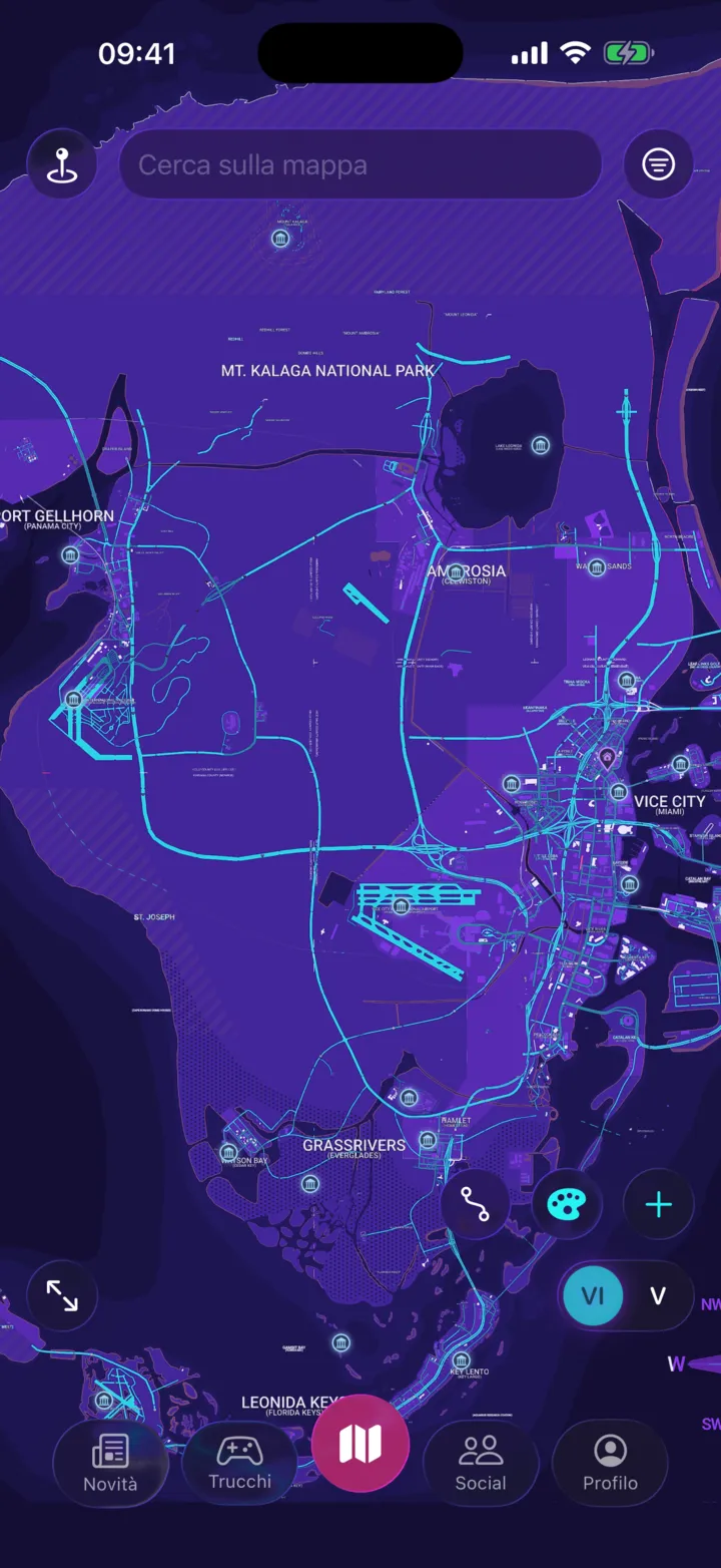 La mappa di Neon Compass su iPhone: un'isola viola percorsa da strade ciano e punteggiata di segnaposto, sotto una barra di ricerca.