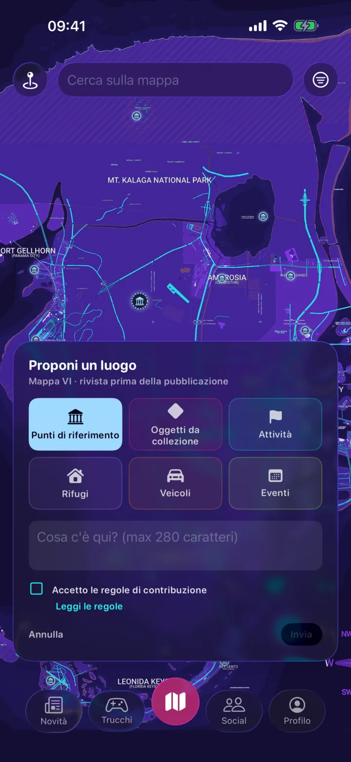Il pannello «Proponi un luogo» aperto sulla mappa: sei categorie tra cui scegliere, un campo di descrizione e la casella delle regole di contribuzione.