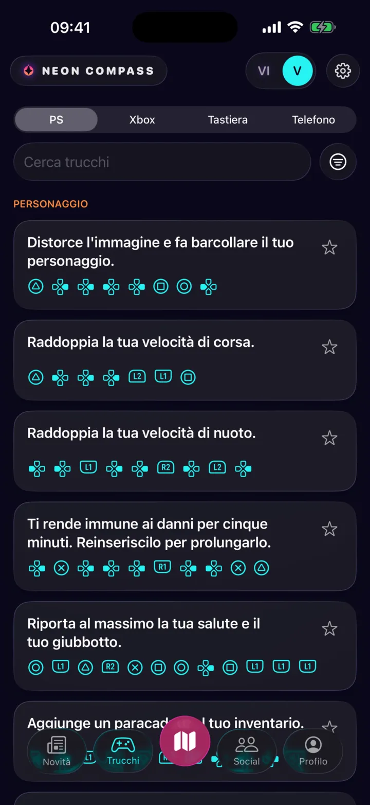 L'elenco dei trucchi in modalità PlayStation: ogni effetto descritto in una frase, seguito dalla sua sequenza di tasti del controller.
