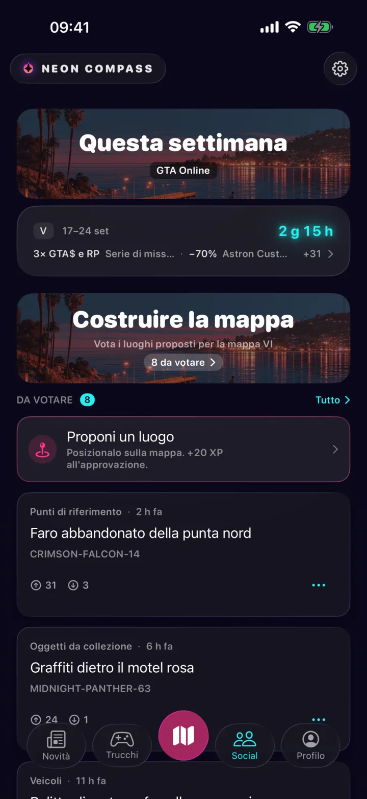 La sezione Social: la scheda dei bonus online della settimana, l'invito a votare i luoghi proposti, poi le ultime proposte della comunità.