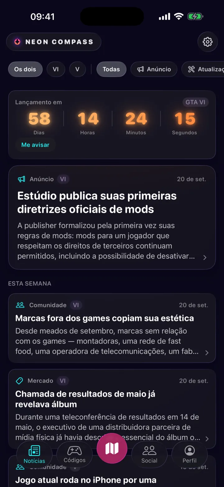 A tela de notícias: a contagem regressiva até o lançamento e, abaixo, anúncios datados, cada um com sua categoria e um resumo curto.