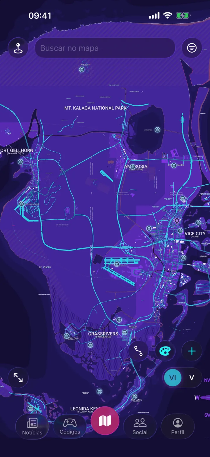 O mapa do Neon Compass no iPhone: uma ilha violeta cortada por estradas ciano e cheia de marcadores, sob uma barra de busca.