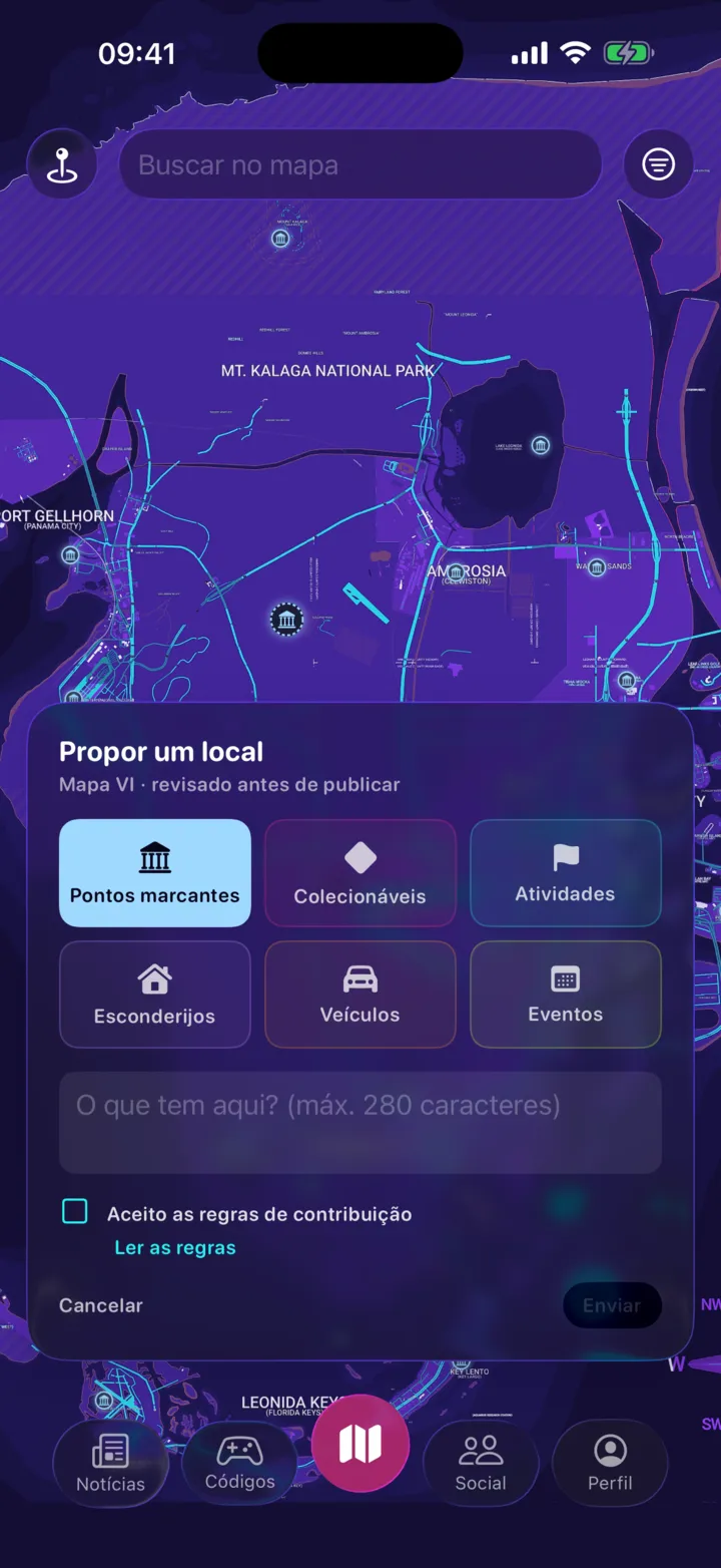O painel «Propor um local» aberto sobre o mapa: seis categorias para escolher, um campo de descrição e a caixa das regras de contribuição.