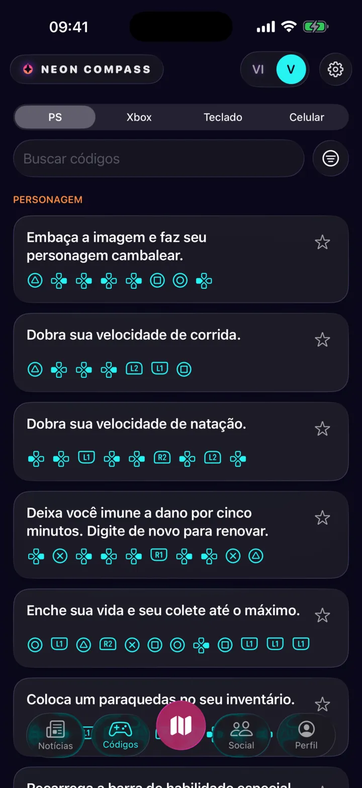 A lista de códigos no modo PlayStation: cada efeito descrito numa frase, seguido da sua sequência de botões do controle.