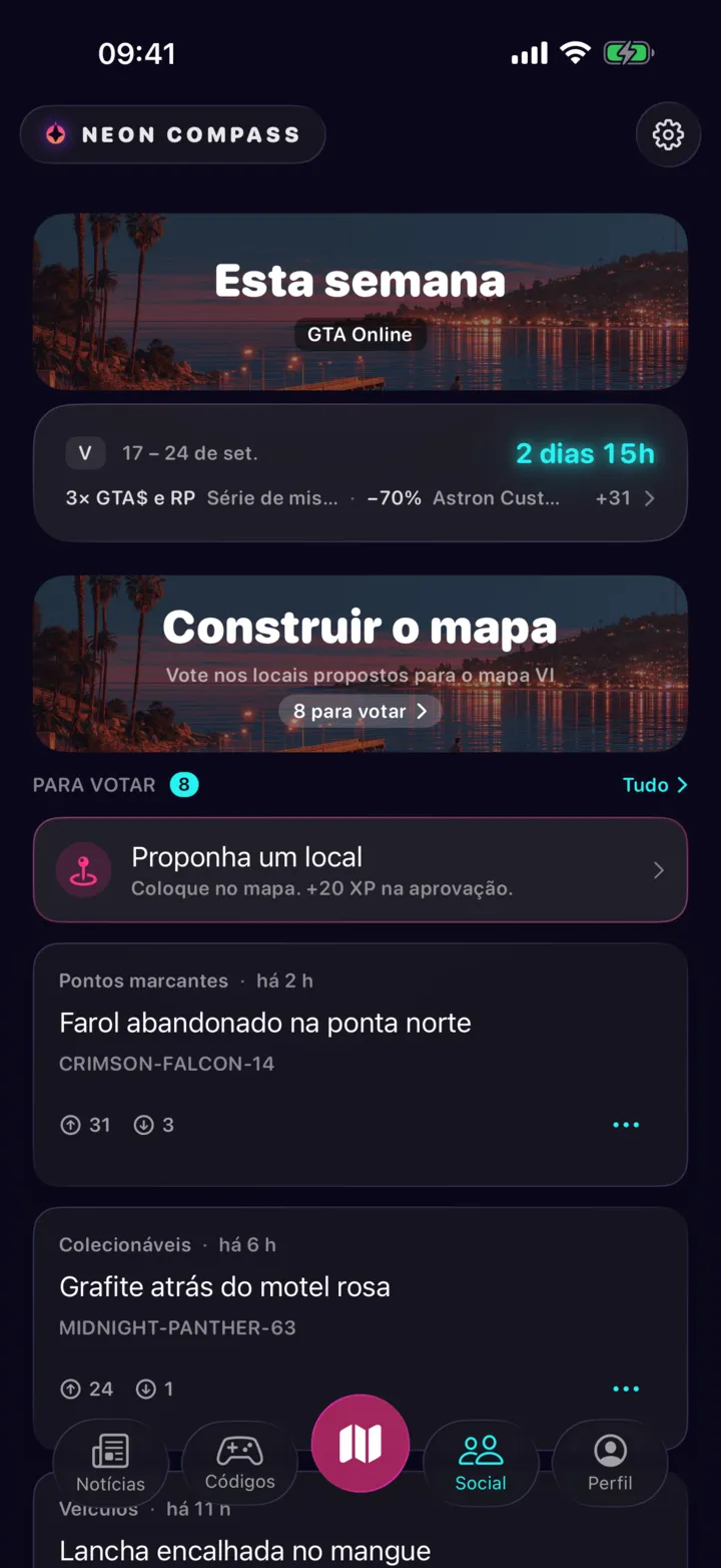 A aba Social: o cartão dos bônus online da semana, o convite para votar nos locais propostos e as últimas propostas da comunidade.