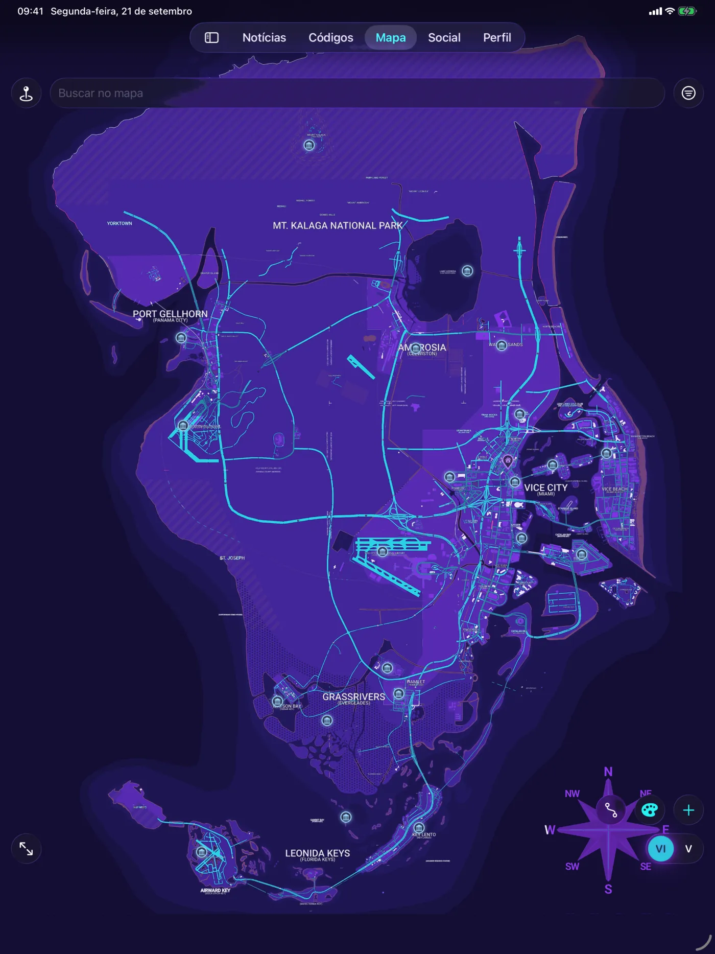 O mapa no iPad: a ilha inteira em violeta e ciano, com seus marcadores, ocupa a tela toda do tablet.